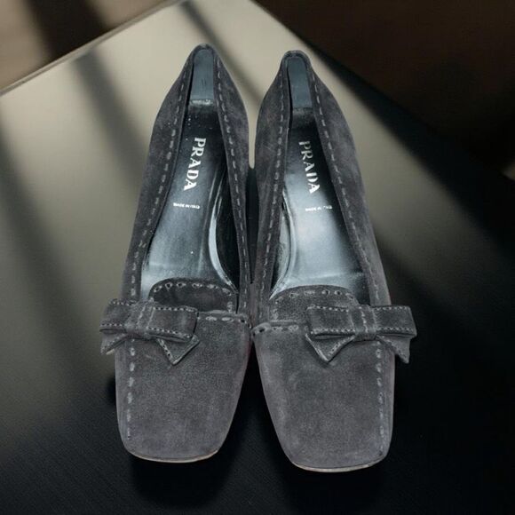 Prada Shoes - Vintage Prada Black Suede Kitten Heel Bow Detail Slip On Loafer Size 37 US 7